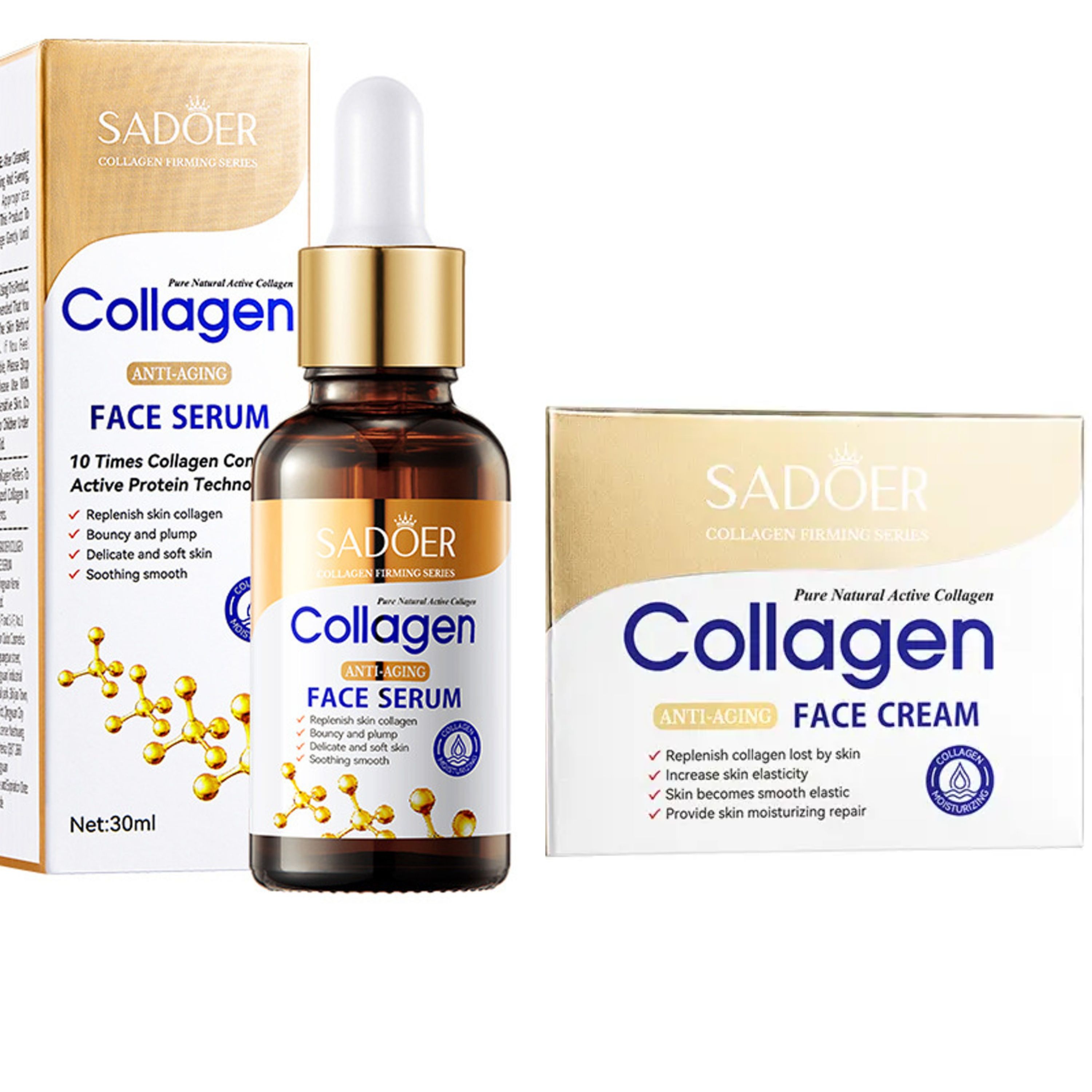 Sadoer 2 in 1 Collagen Face Serum Anti Aging Collagen Serum + Collagen Face Cream Anti Aging Cream, Moisturizing Anti wrinkles and Anti Fine Lines Face smoothening Moisturizer, Vitamin C Complementary