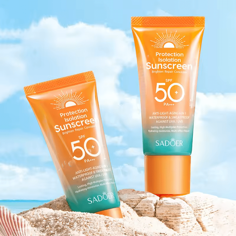 Sadoer 5 in 1 Set, Vitamin C Face Cleanser + Face Serum + Face Cream + Isolate Sunscreen SPF 50 + Vitamin C Lip Balm Moisturizing, For Face Brightening, SunBlock, Fade Dark Spot
