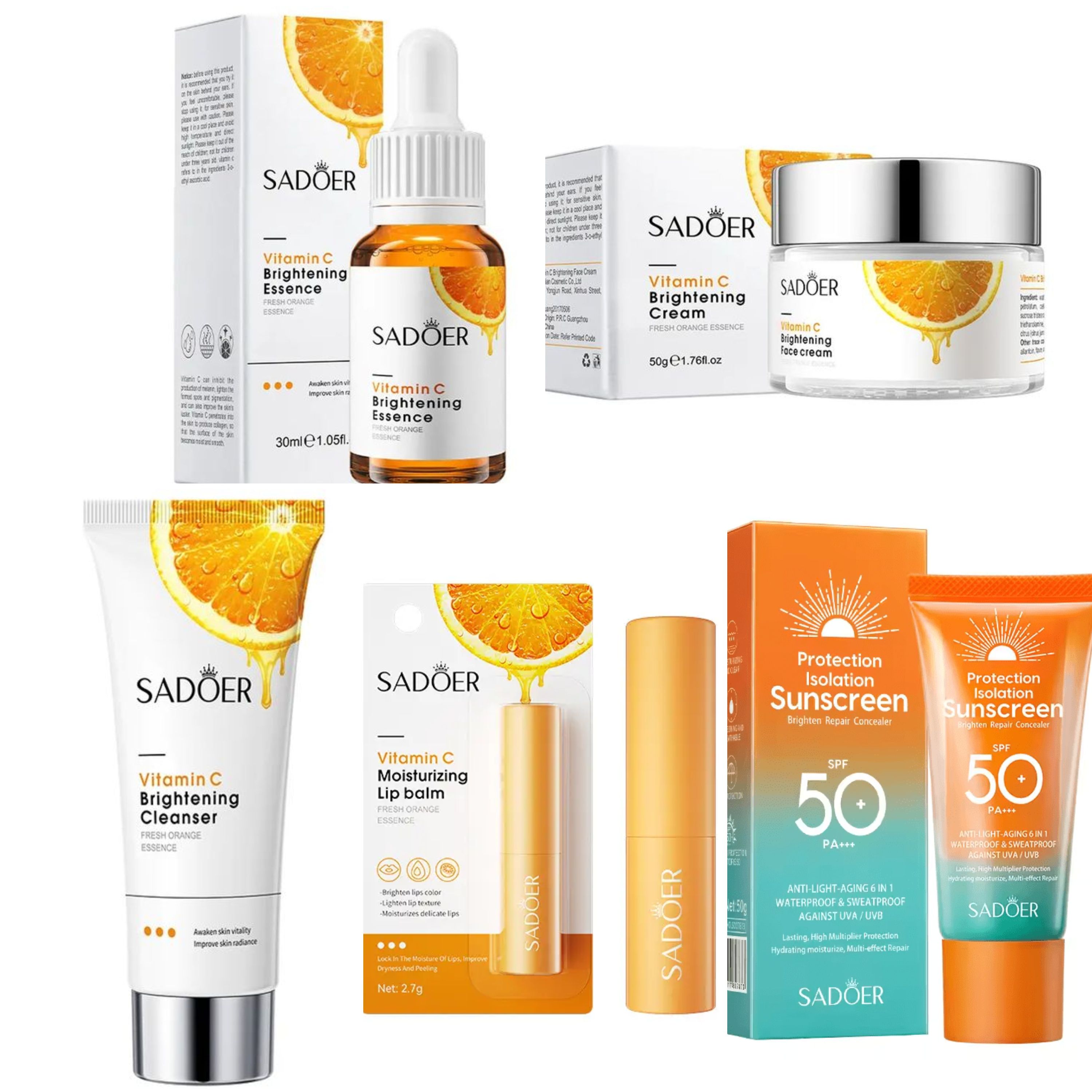 Sadoer 5 in 1 Set, Vitamin C Face Cleanser + Face Serum + Face Cream + Isolate Sunscreen SPF 50 + Vitamin C Lip Balm Moisturizing, For Face Brightening, SunBlock, Fade Dark Spot