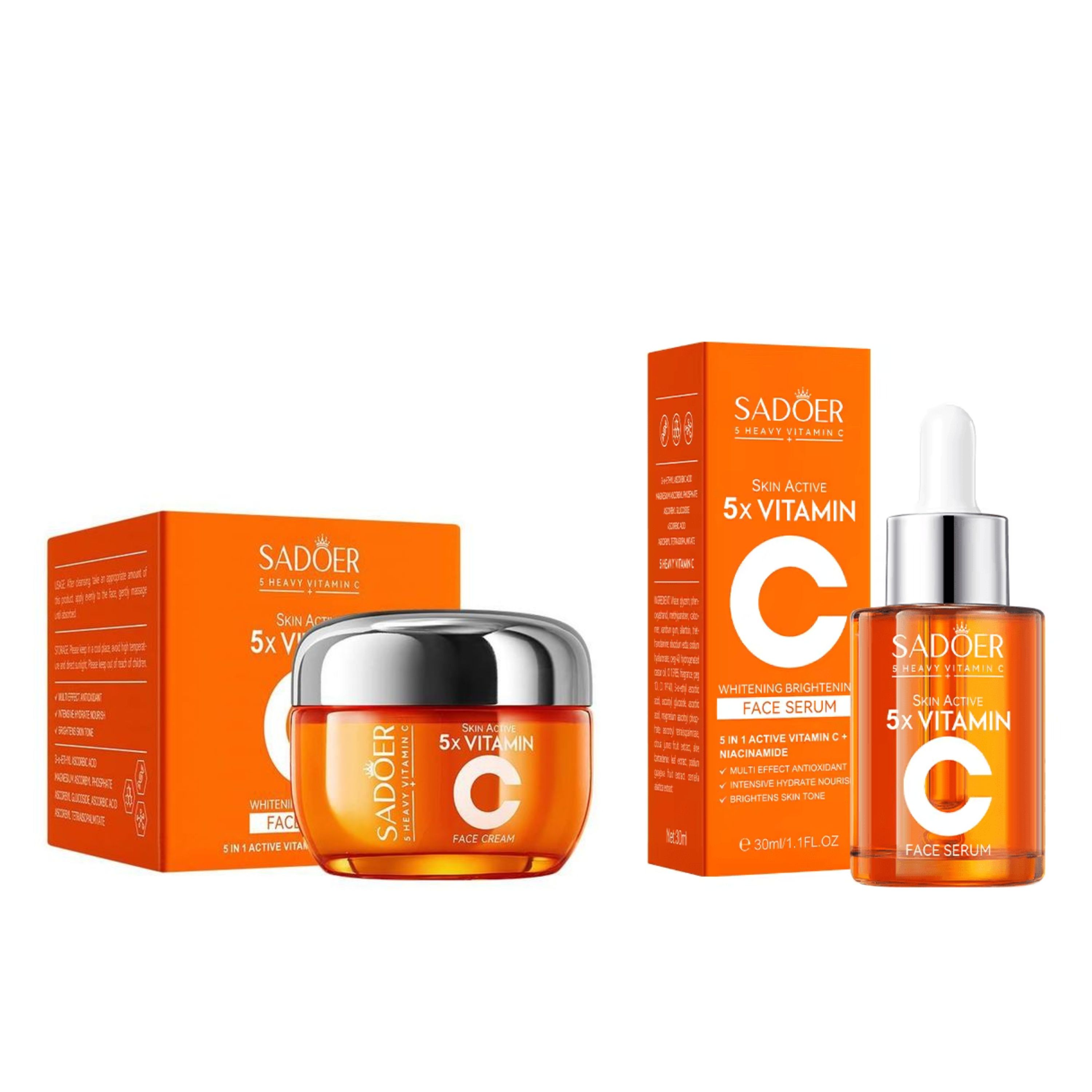 Sadoer 2 in 1 Skin Active 5x Vitamin C Cream +  5 x Vitamin C Serum Complementary, For Deep Hydration, Whitening Dark Spots, Moisturizing, Skin Tone Brightening and Skin Nourishment