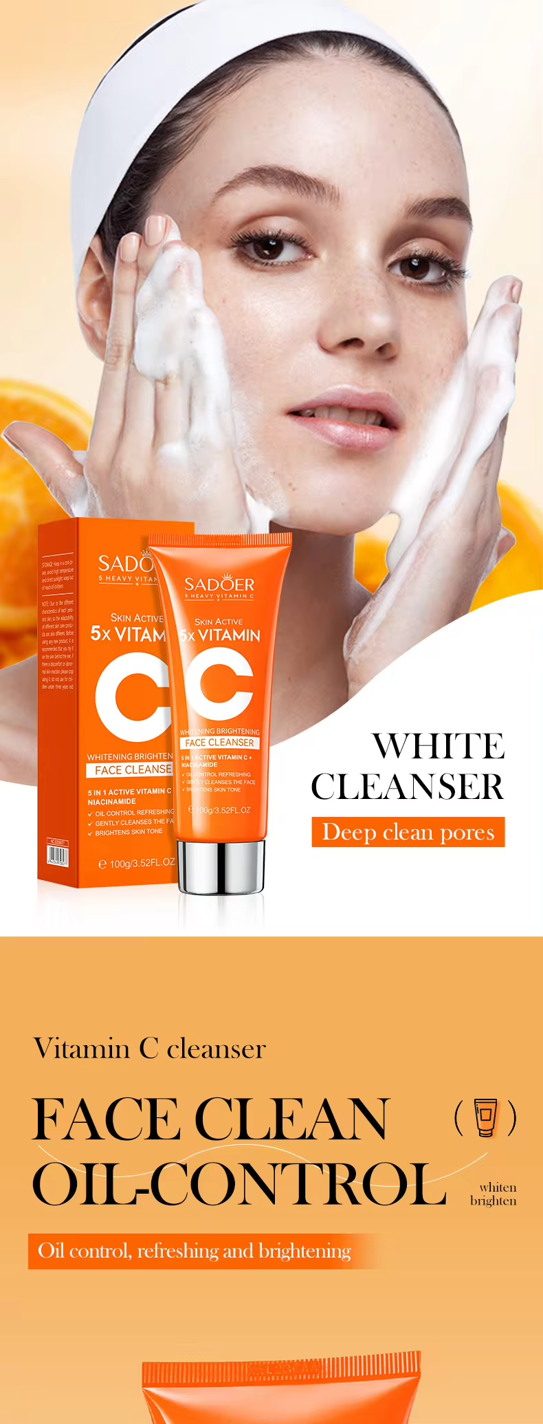 Sadoer Skin Active 5 X Vitamin C Whitening and Brightening Face Cleanser , With Niacinamide, for Oil Control, Gentle Cleansing, Brightening Skin Tone