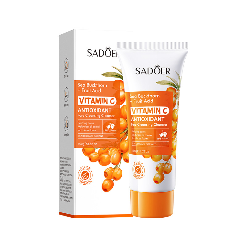 Sadoer Sea Buckthorn  + Fruit Acid Vitamin C Cleanser, Anti Oxidant Pore Cleansing Cleanser, Oil Control, Moisturize, Purify Pores, Clears Dirt and Cosmetic Residue