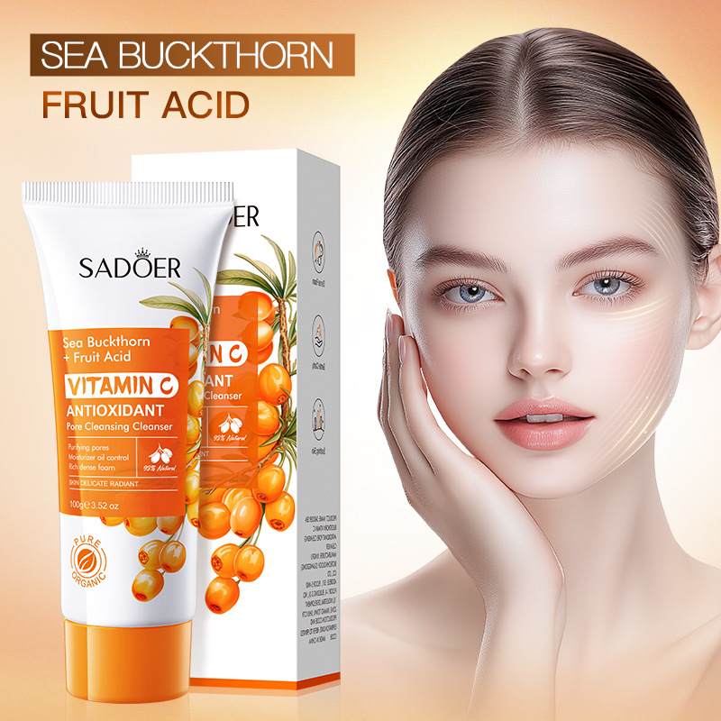 Sadoer Sea Buckthorn  + Fruit Acid Vitamin C Cleanser, Anti Oxidant Pore Cleansing Cleanser, Oil Control, Moisturize, Purify Pores, Clears Dirt and Cosmetic Residue