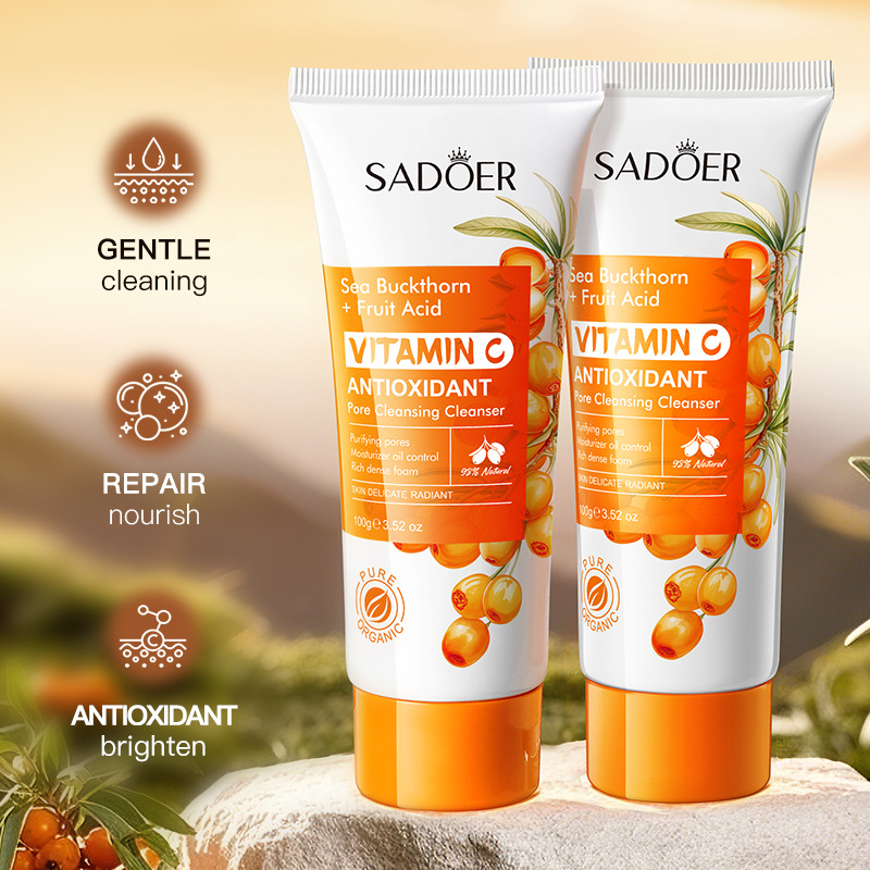 Sadoer Sea Buckthorn  + Fruit Acid Vitamin C Cleanser, Anti Oxidant Pore Cleansing Cleanser, Oil Control, Moisturize, Purify Pores, Clears Dirt and Cosmetic Residue