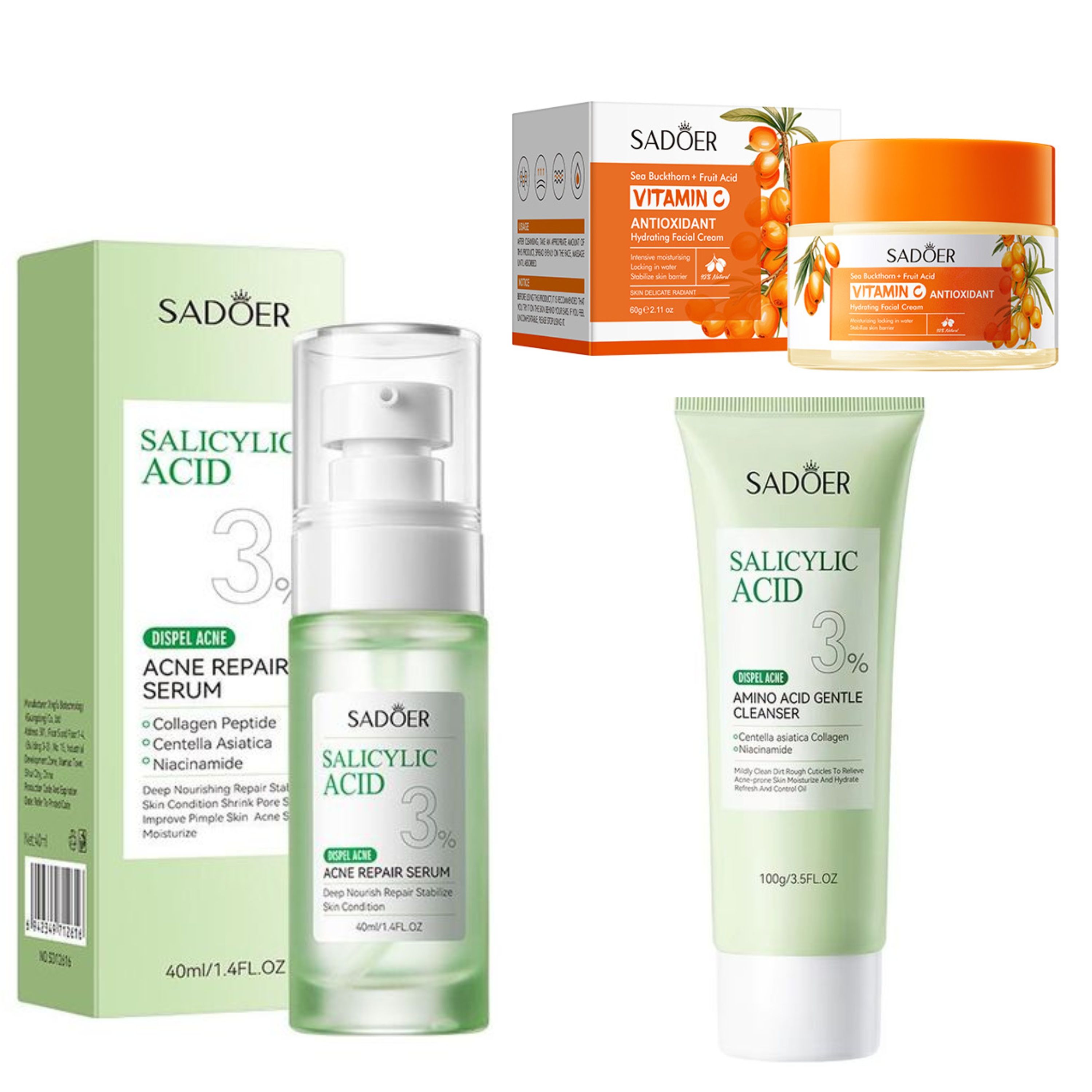 SADOER 3 in 1 Set, Acne Repair Serum + Sea Buckthorn Vitamin C Cream +  Cleanser with 3% Salicylic Acid Collagen Peptide and Niacinamide, Centella Asiatica and Niacinamide, ,Remove Acne, Moisturize,