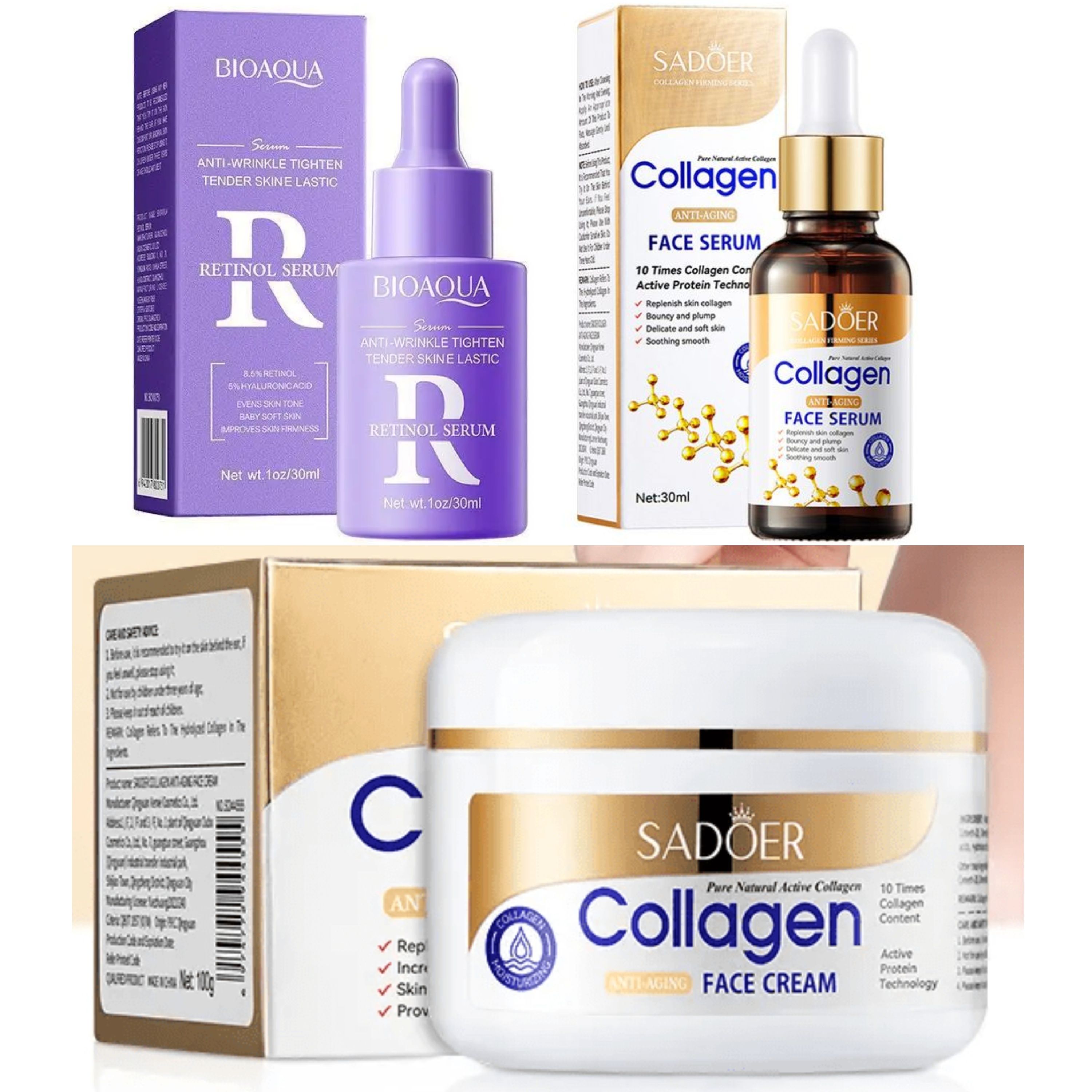 SADOER 3 in 1, Collagen Cream+ Collagen Serum +  Retinol Firming Serum, Anti Ageing, Anti Wrinkles, Anti Acne, Anti Dark Spots, Can use with Vitamin C Face Brightening , Smooth Skin and Revitalized