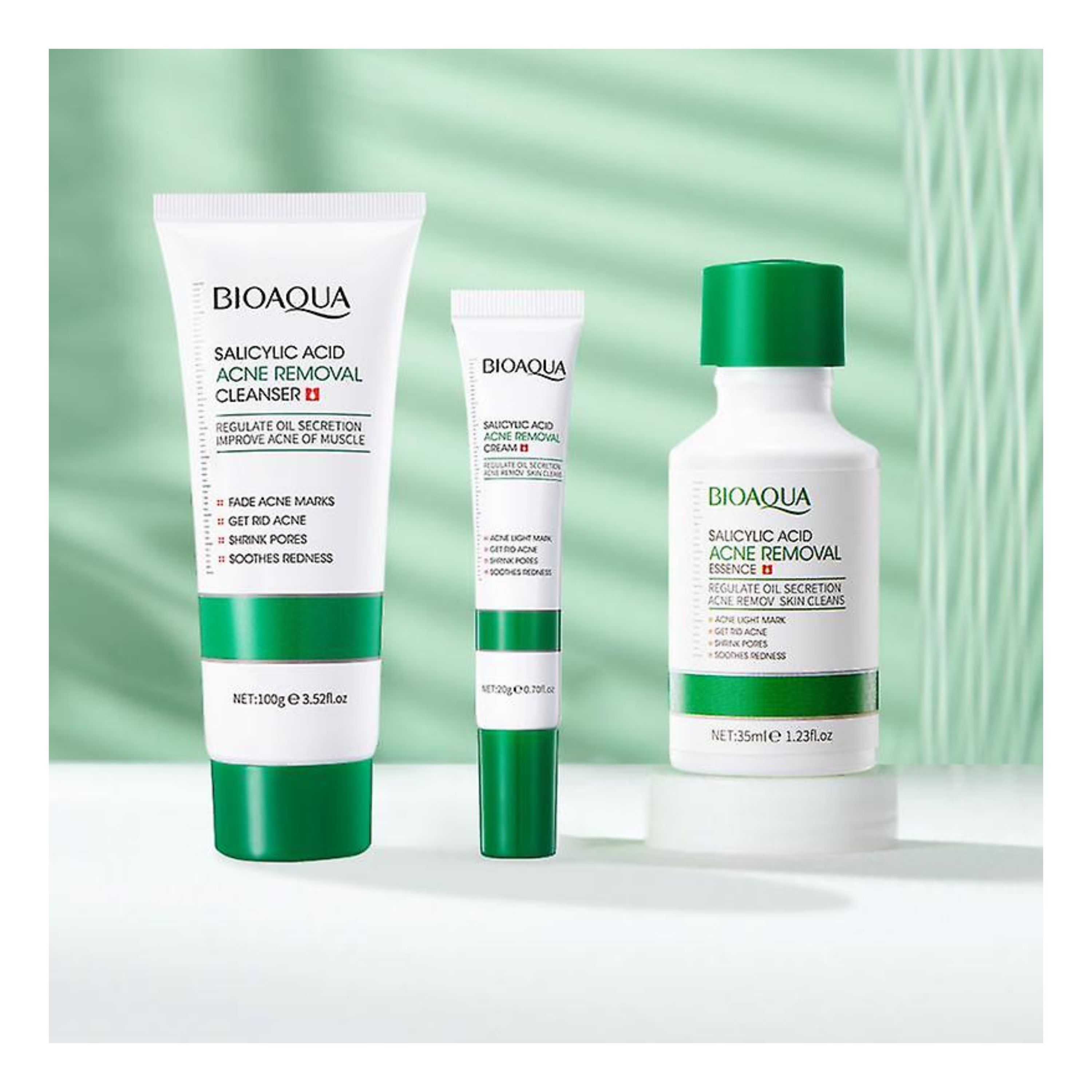 BIOAQUA 3 in 1, Salicylic Acid Acne Treatment and Oil Control Combo, Salicylic Cleanser + Salyclic Essence + Cream (20g), Can Add Vitamin C, Oil Control, Acne Relief, Shrink Pores, Eliminate Acne,