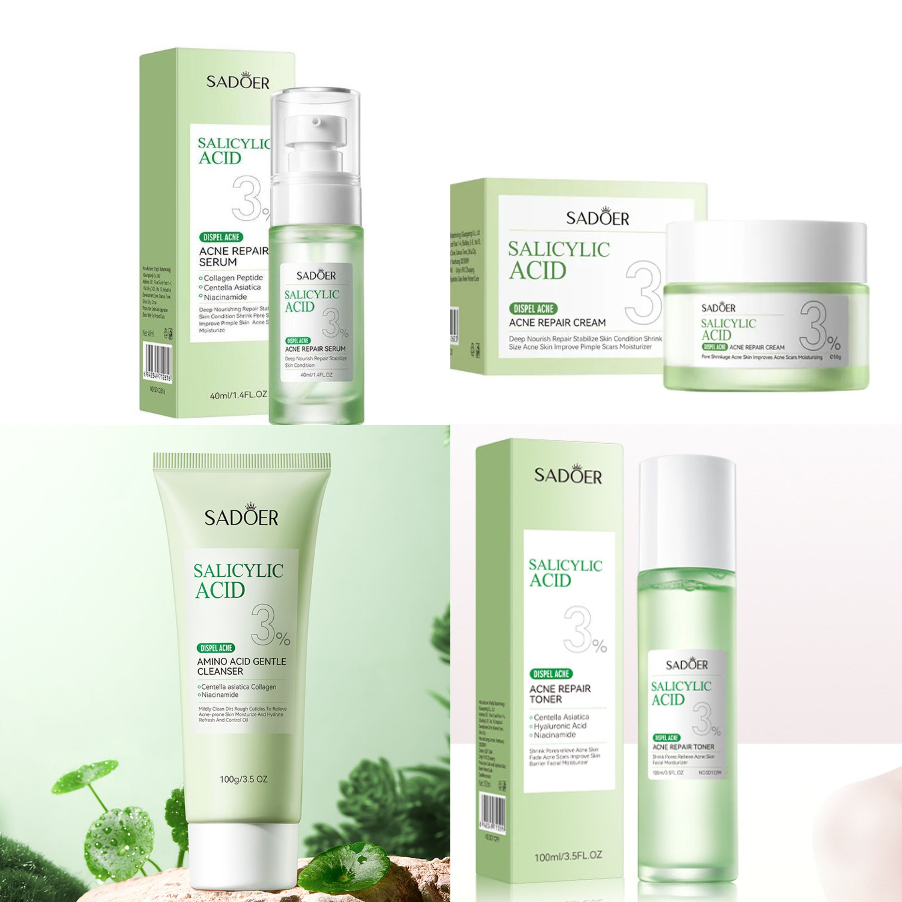 Sadoer 4 in 1 Set, Salicylic Acid 3% Dispel Acne, Acne Repair Toner + Serum + Cream + Cleanser, Gentle Amino Acid Cleanser, (Can use Together with Vitamin C), Removes Acne, Moisturize, Rejuvenate, Rep