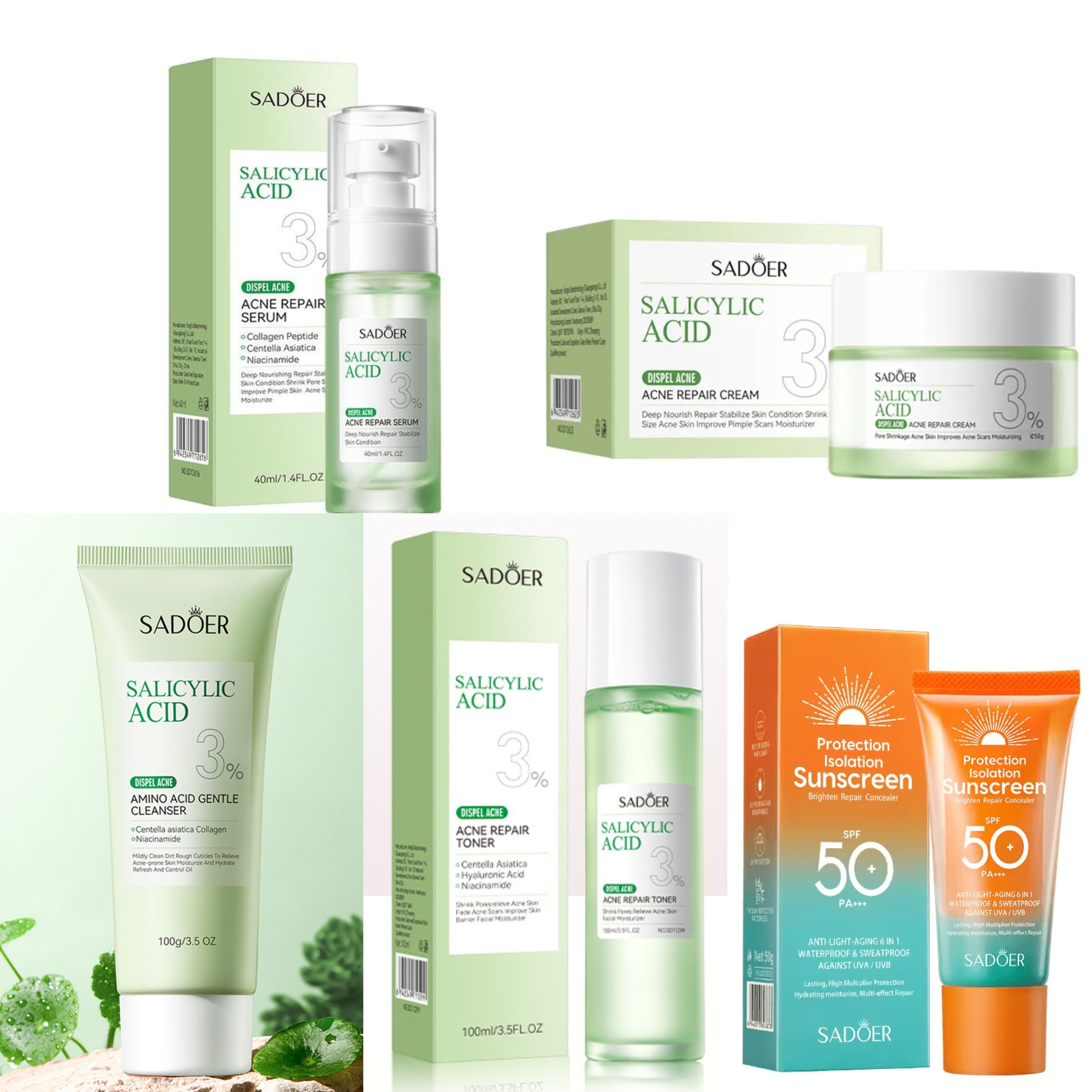 Sadoer 5 in 1 Set, 3% Salicylic Acid Acne Repair Toner + Amino Acid Gentle Cleanser +  Acne Repair Cream + Acne Repair Serum + Sunscreen SPF 50, (Complements Vitamin C), Acne Repair, Soothing, Repair