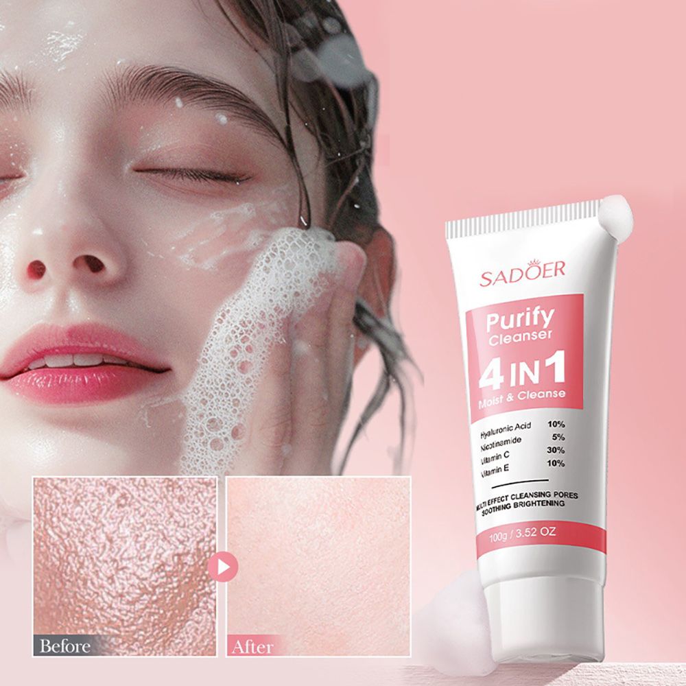 Sadoer 5 in 1 Set of ,  4 in 1 Pores Purify Cleanser with Vitamin C, Hyaluronic Acid, Nicotinamide and Vitamin E + Face Cream + Face Serum + Charcoal Mask Peel Off Mask + Sunscreen SPF 50, Brighten s