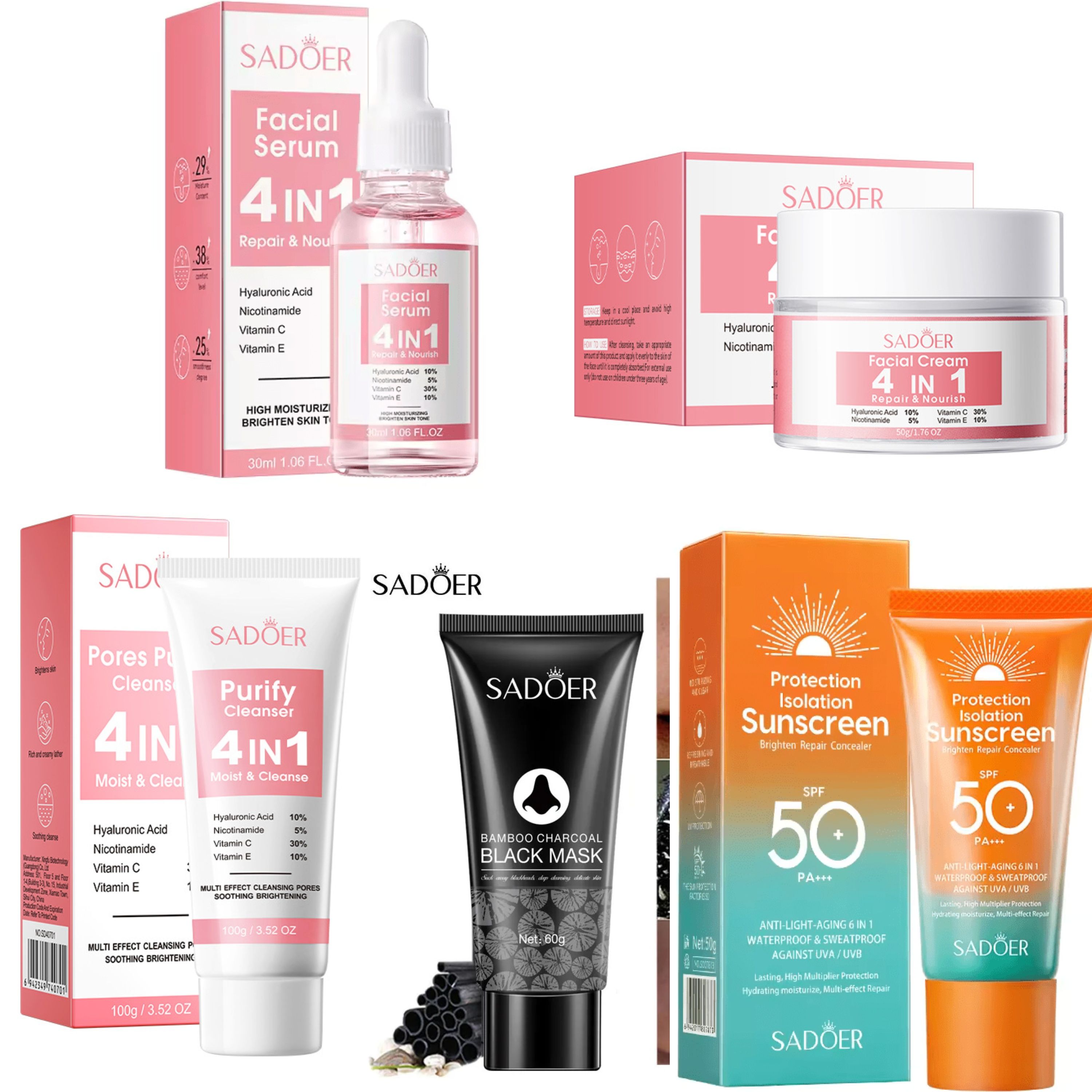 Sadoer 5 in 1 Set of ,  4 in 1 Pores Purify Cleanser with Vitamin C, Hyaluronic Acid, Nicotinamide and Vitamin E + Face Cream + Face Serum + Charcoal Mask Peel Off Mask + Sunscreen SPF 50, Brighten s