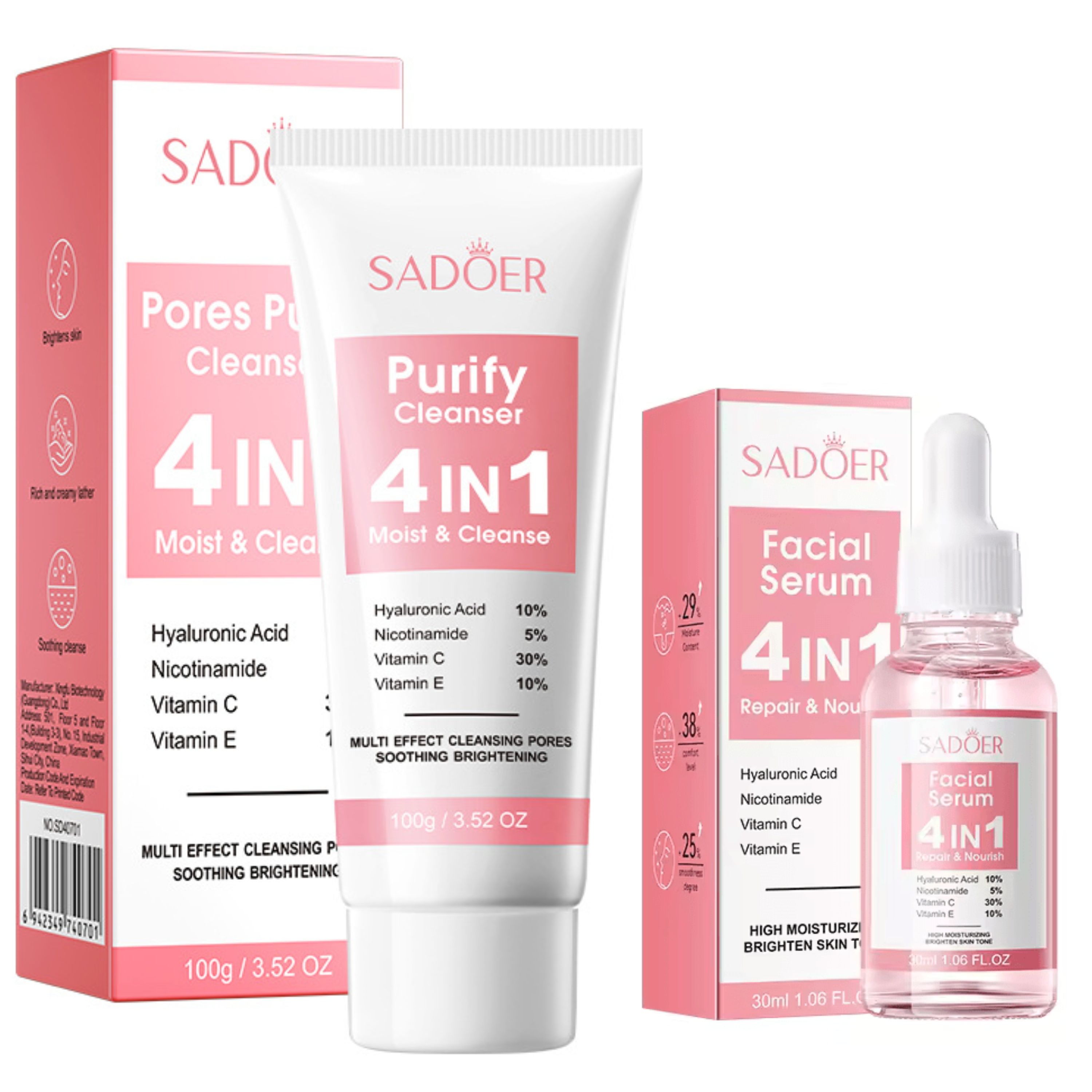 Sadoer 2 in 1 Set of 4 in 1 Face Serum + Facial Cleanser, Contains Vitamin C, Nicotinamide (Niacinamide), Hyaluronic and Vitamin E, Purify Skin, Brighten Skin Tone, Moisturizing, Repair and Nourish
