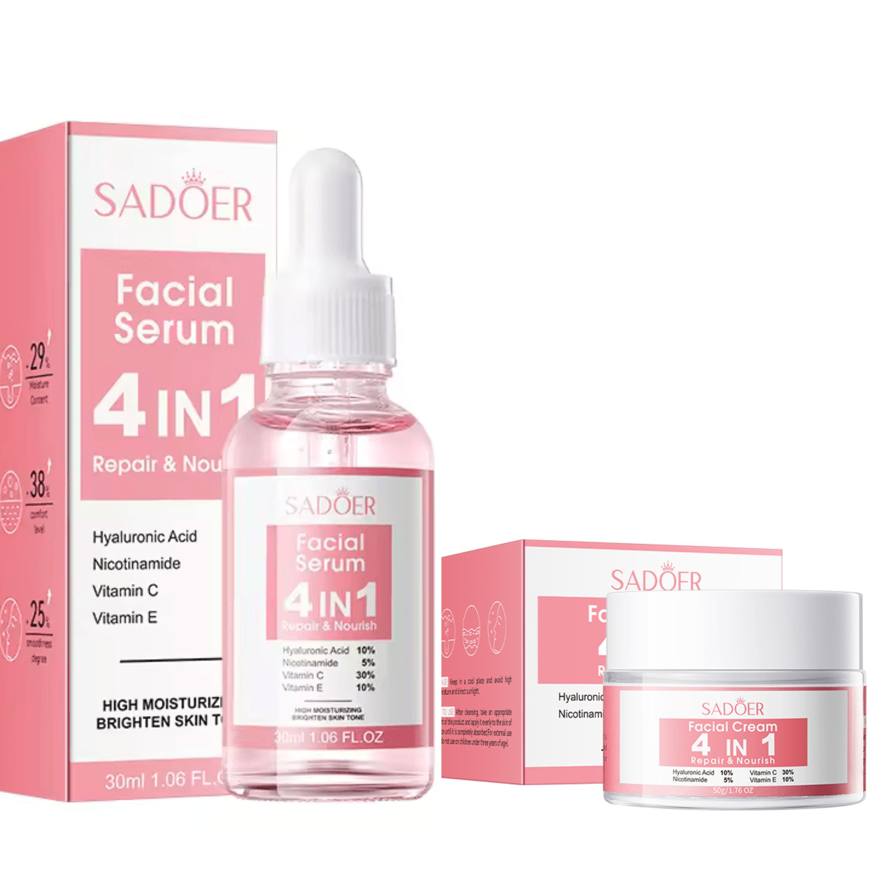 Sadoer 2 in 1 Set of 4 in 1 Face Serum + Face Cream, Contains Vitamin C, Nicotinamide (Niacinamide), Hyaluronic and Vitamin E, Purify Skin, Brighten Skin Tone, Moisturizing, Repair and Nourish Set