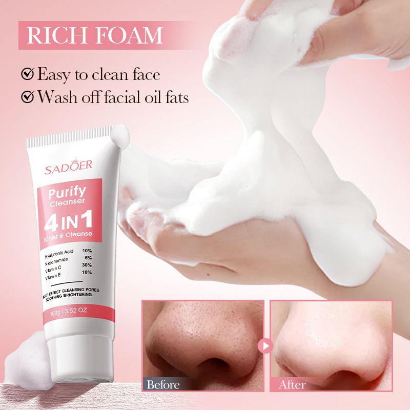 Sadoer 3 in 1 Set of 4 in 1 Face Serum + Face Cream,+ Cleanser, Contains Vitamin C, Nicotinamide (Niacinamide), Hyaluronic and Vitamin E, Purify Skin, Brighten Skin Tone, Moisturizing, Repair and Nour