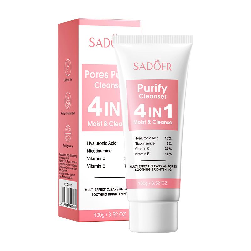 Sadoer 4 PCS Set of 4 in 1 Face Serum + Face Cream,+ Cleanser + Face Toner Contains Vitamin C, Nicotinamide (Niacinamide) Hyaluronic and Vitamin E, Purify Skin, Brighten, Moisturizing, Repair, Nourish