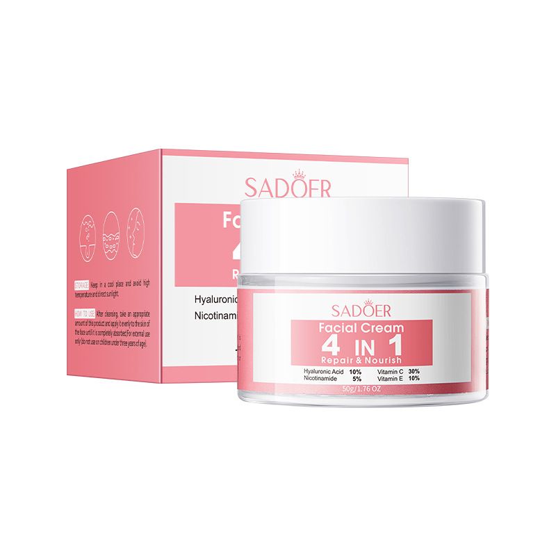 Sadoer 4 PCS Set of 4 in 1 Face Serum + Face Cream,+ Cleanser + Face Toner Contains Vitamin C, Nicotinamide (Niacinamide) Hyaluronic and Vitamin E, Purify Skin, Brighten, Moisturizing, Repair, Nourish
