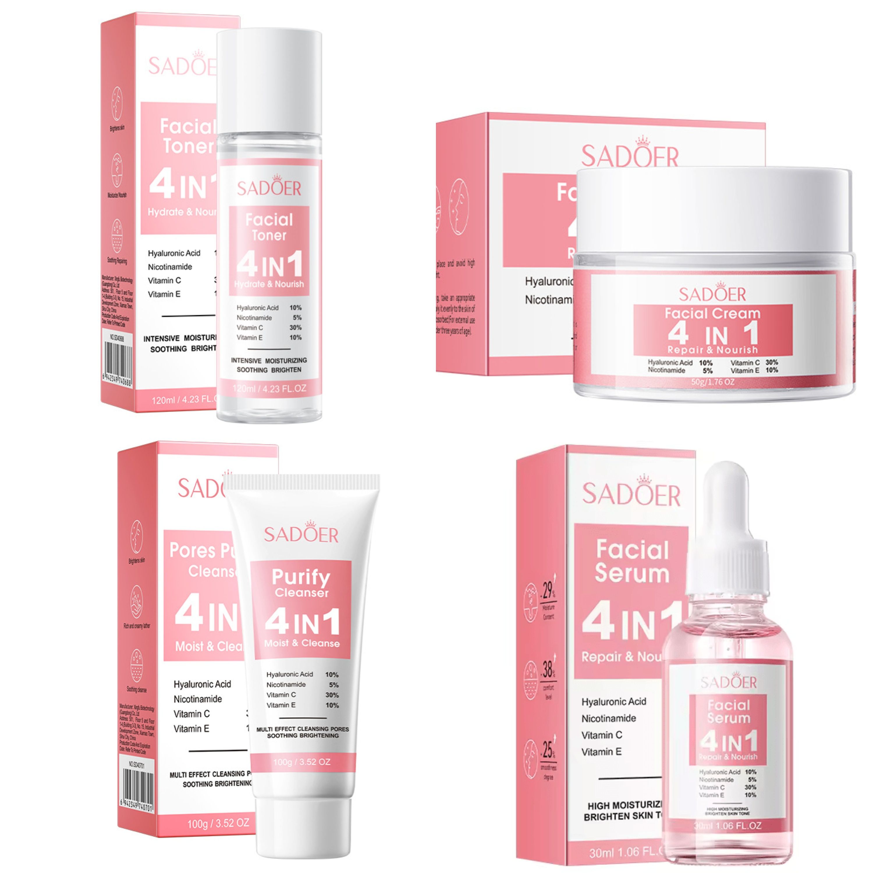 Sadoer 4 PCS Set of 4 in 1 Face Serum + Face Cream,+ Cleanser + Face Toner Contains Vitamin C, Nicotinamide (Niacinamide) Hyaluronic and Vitamin E, Purify Skin, Brighten, Moisturizing, Repair, Nourish