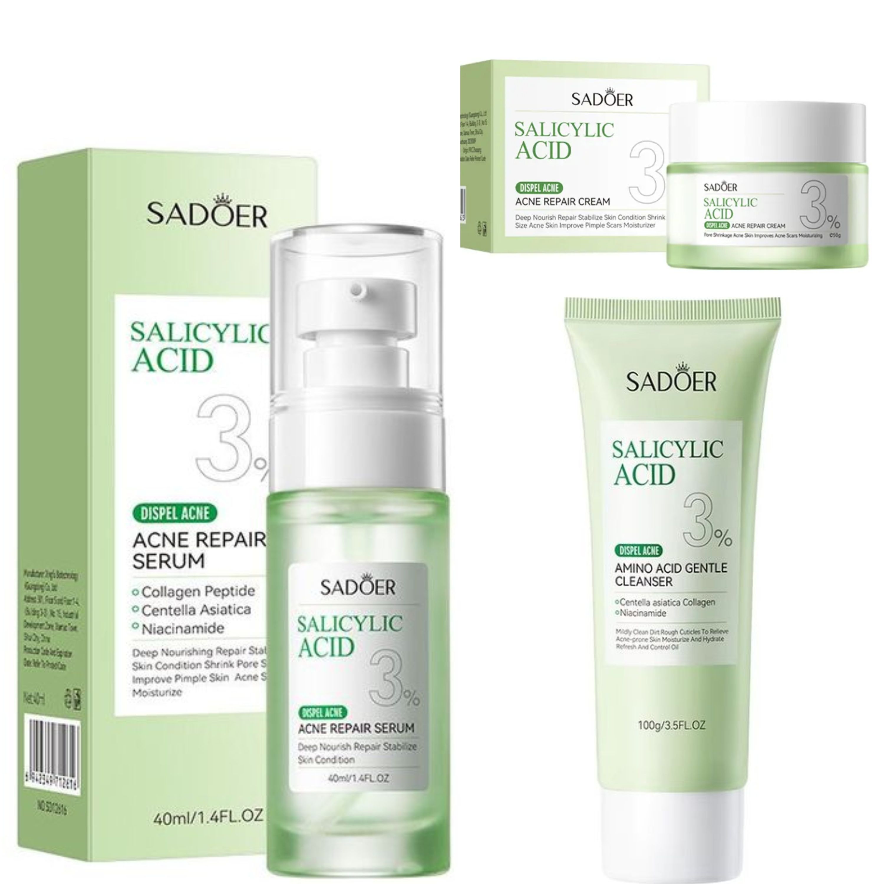 SADOER 3 in 1 Set, Acne Repair Serum + Repair Cream +  Cleanser with 3% Salicylic Acid Collagen Peptide and Niacinamide, Centella Asiatica and Niacinamide, can add Vitamin C ,Remove Acne, Moisturize,