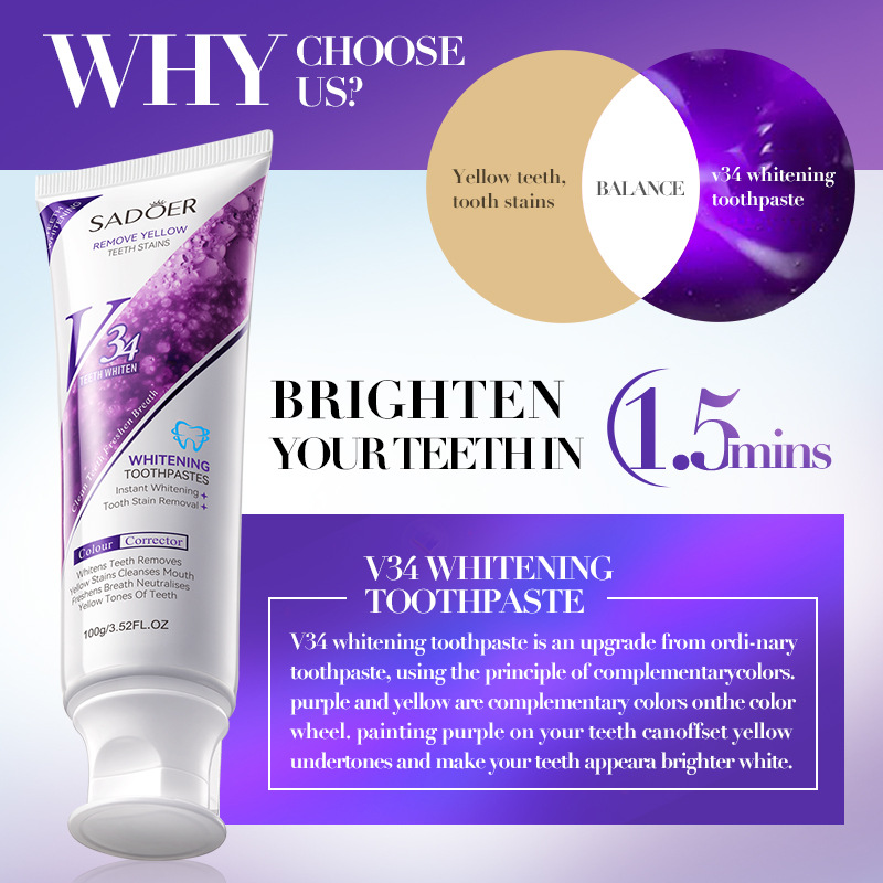 SADOER Teeth Whitenining Toothpaste, V34 Teeth Whitener, Clean Teeth, Fresh Breath, Tooth Stain Removal
