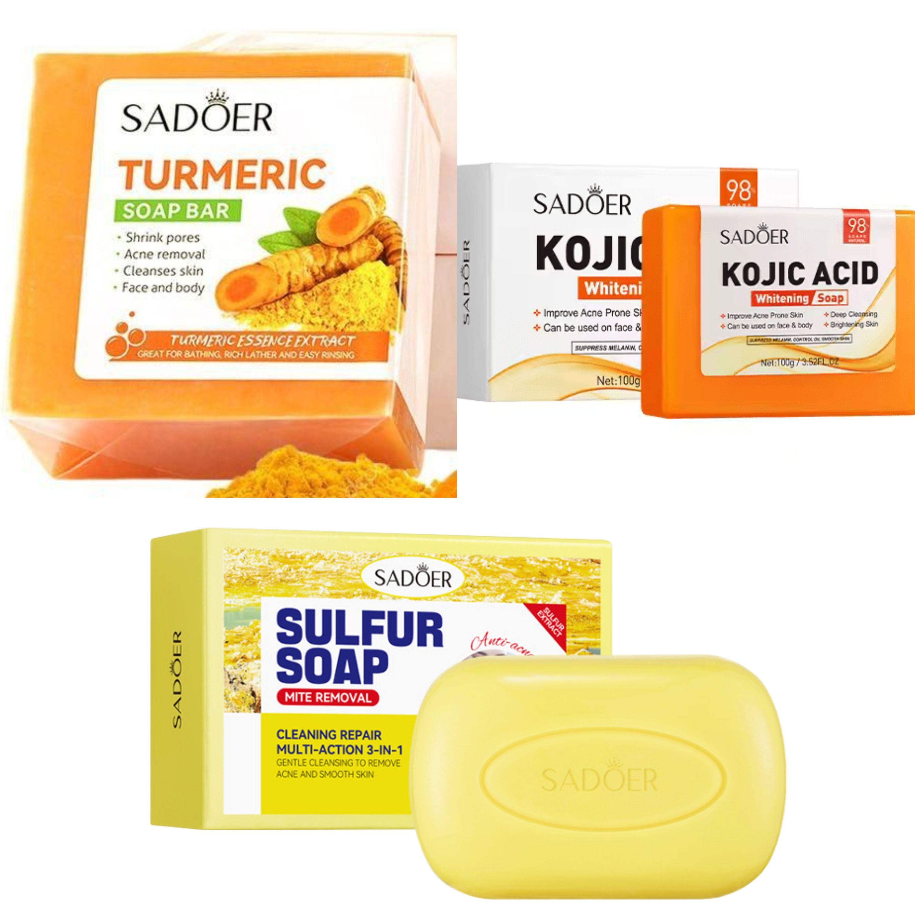 Sadoer 3 Pieces Soap, Sulfur Mite Removal Soap + Kojic Acid Soap + Turmeric Anti Acnes Soap Tumeric Soap, Eliminate Acne, Smoothen Skin, Shrink Pores, Gentle Cleansing