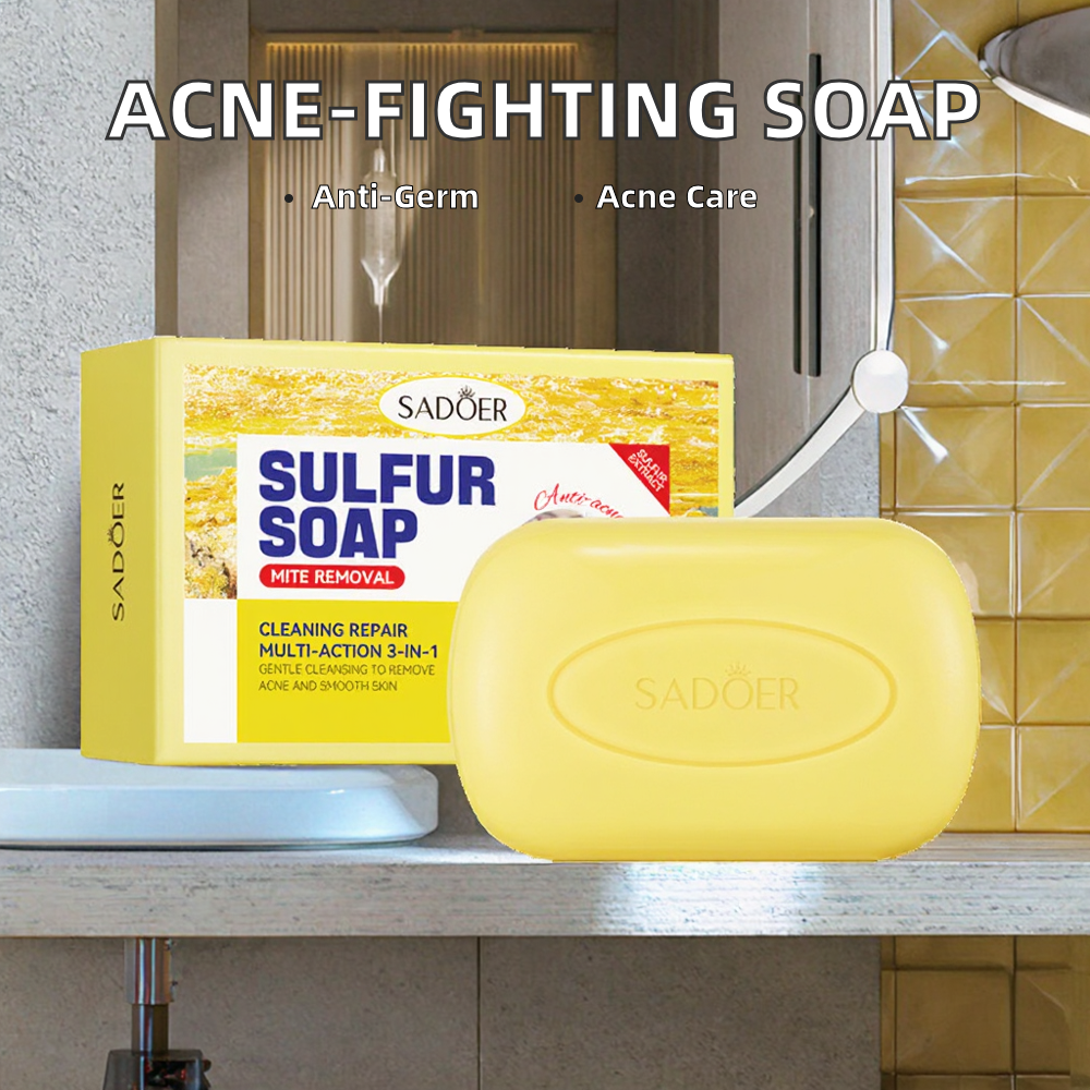 Sadoer 3 Pieces Soap, Sulfur Mite Removal Soap + Kojic Acid Soap + Turmeric Anti Acnes Soap Tumeric Soap, Eliminate Acne, Smoothen Skin, Shrink Pores, Gentle Cleansing