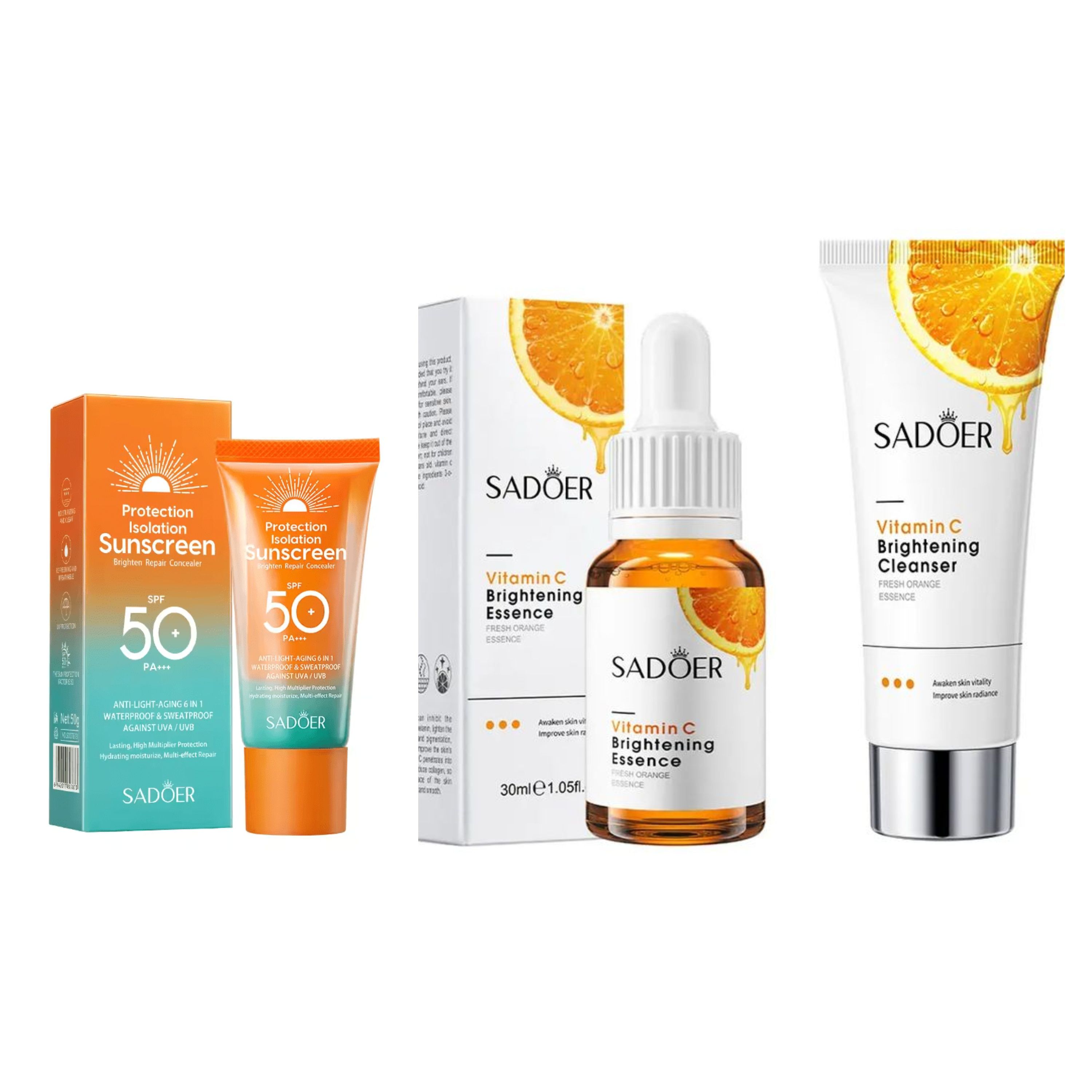 Sadoer 3 in 1 Vitamin C Serum + Vitamin C Cleanser + SPF 50++ Sunscreen for Brightened Face, Moisturizing, Anti Aging, Anti Wrinkles, Anti Acne, Dark Spots Remover, Sunscreen Protector