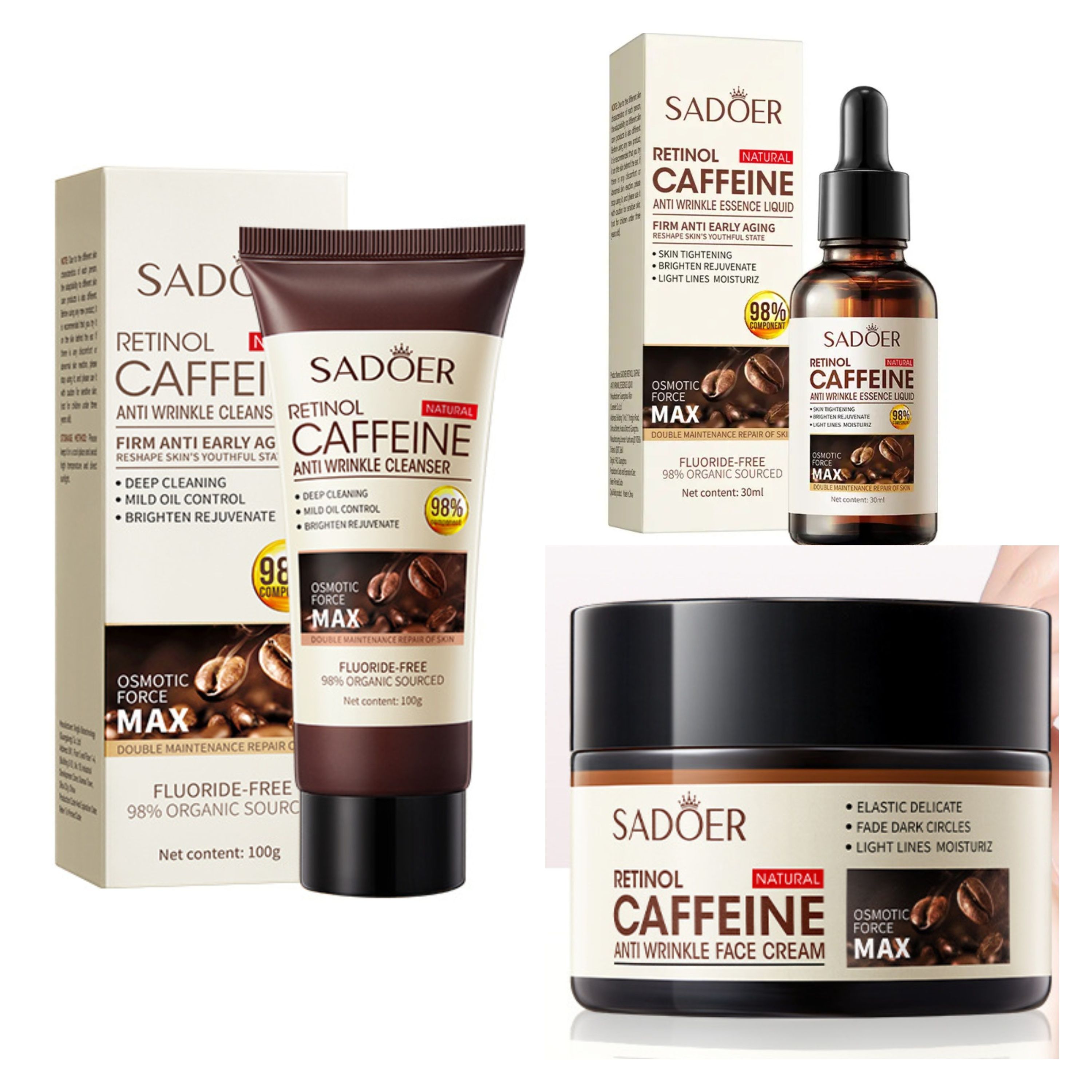 Sadoer 3 in 1, Retinol Caffeine Face Serum + Cleanser + Face Cream  Like Vitamin C, Offers Anti Wrinkles, Skin Rejuvenation, Moisturizing, Firming, Increase Skin Elasticity