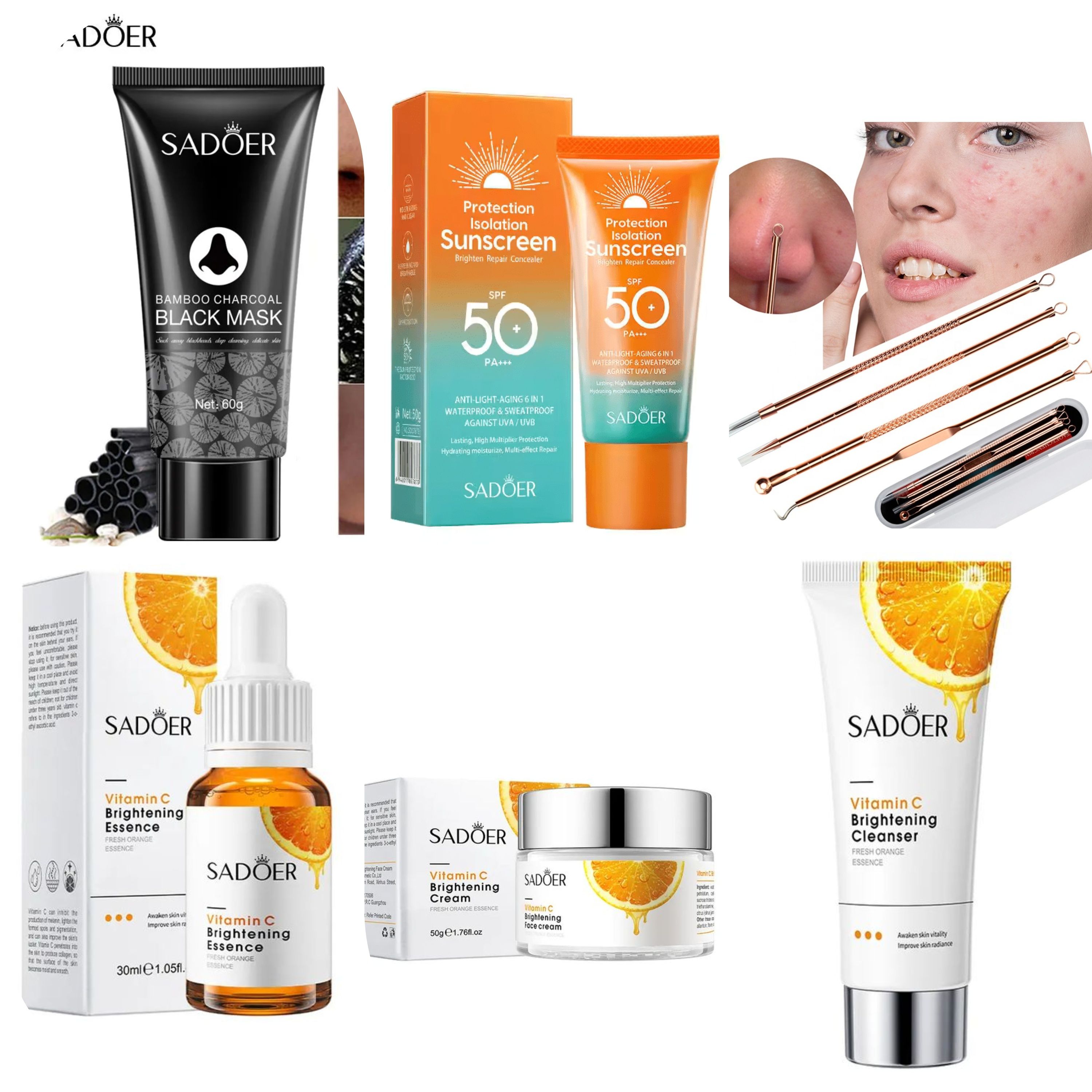 Saoder 9 in 1 Set, Face Brightening Vitamin C Serum + Brightening Cream + Brightening Cleanser + Sunscreen SPF 50 + Face Mask Peeling Off Black Mask + 4 Pieces BlackHeads Acne Removal Needles Golden