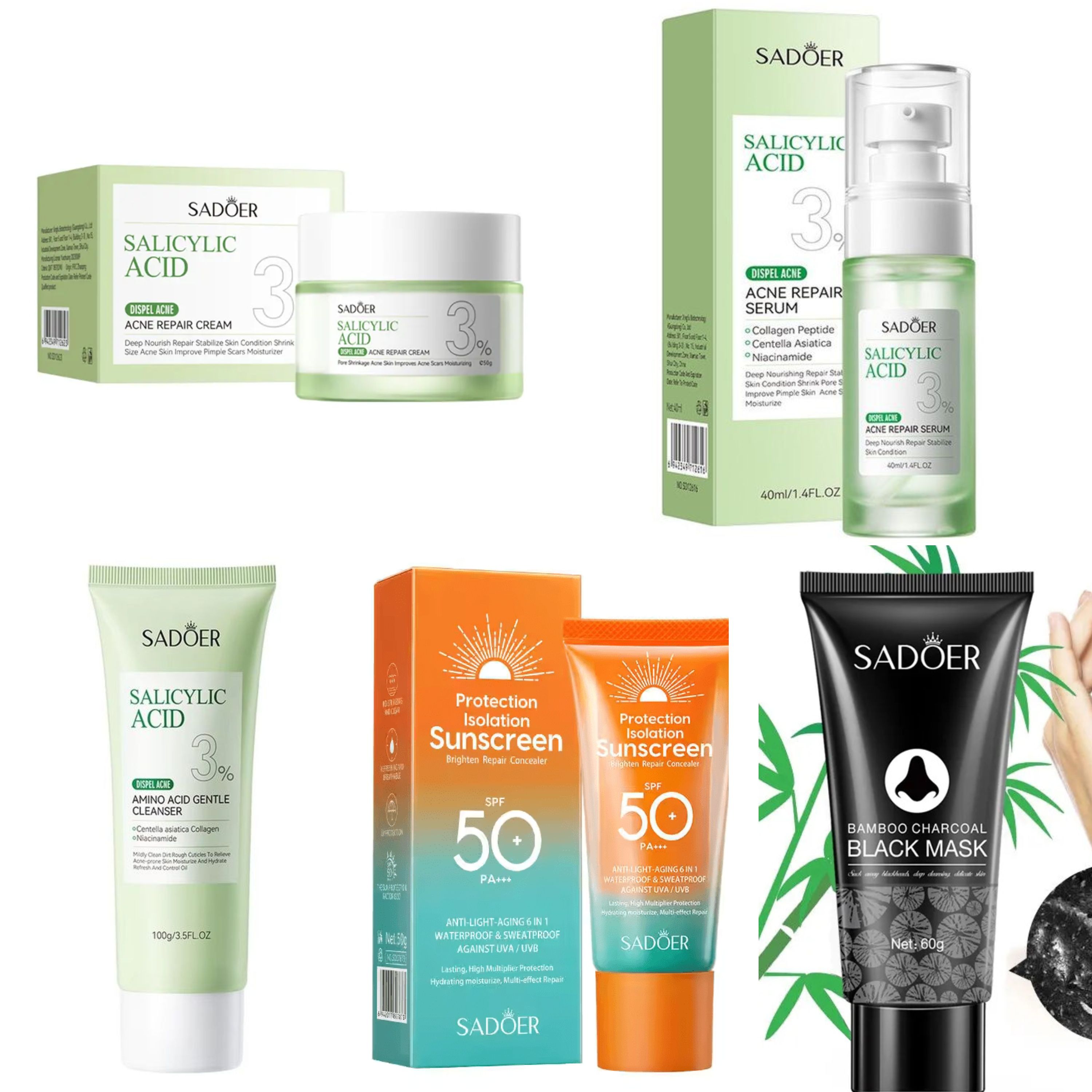 Sadoer 5 in 1 Set of Salicylic Acid 3% Acne Dispel  Acne Repair Cream + Acne Repair Serum +  Dispel Acne  Amino Acid Gentle Cleanser (Like Vitamin C) + Sunscreen SPF 50 + Blackhead Peel Off Black Mask
