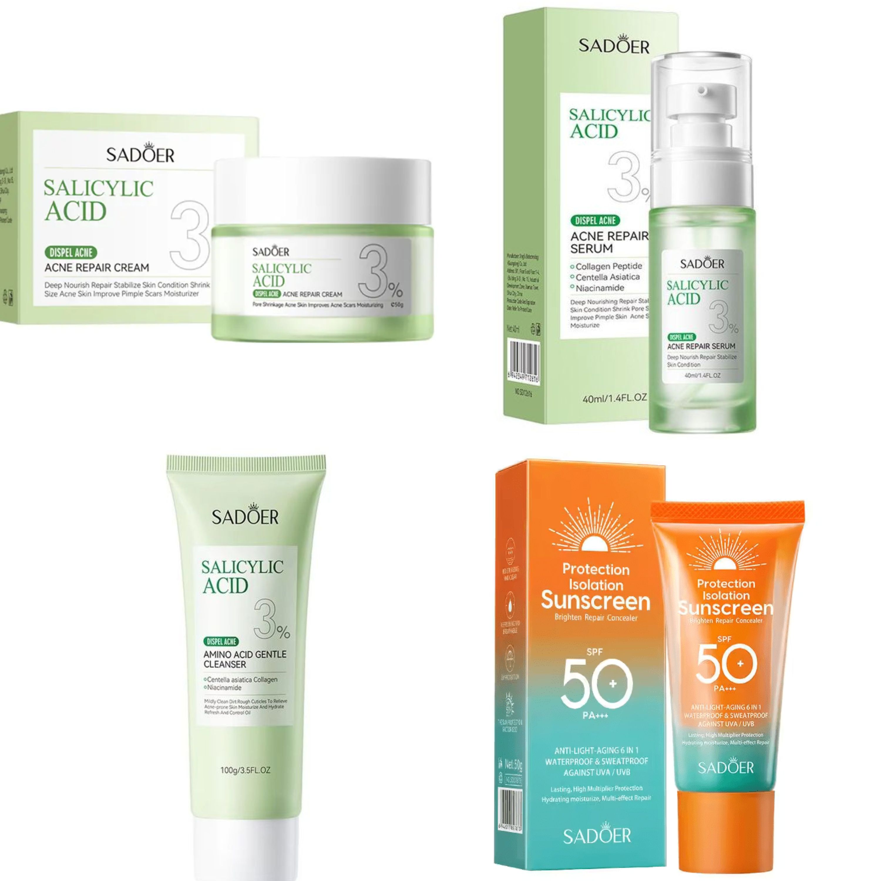 Sadoer 4 in 1 Set of Salicylic Acid 3% Acne Dispel Acne Repair Cream + Acne Repair Serum + Dispel Acne Amino Acid Gentle Cleanser + Anti Light Aging Sunscreen SPF 50 , Like Vitamin C, Moisturize skin
