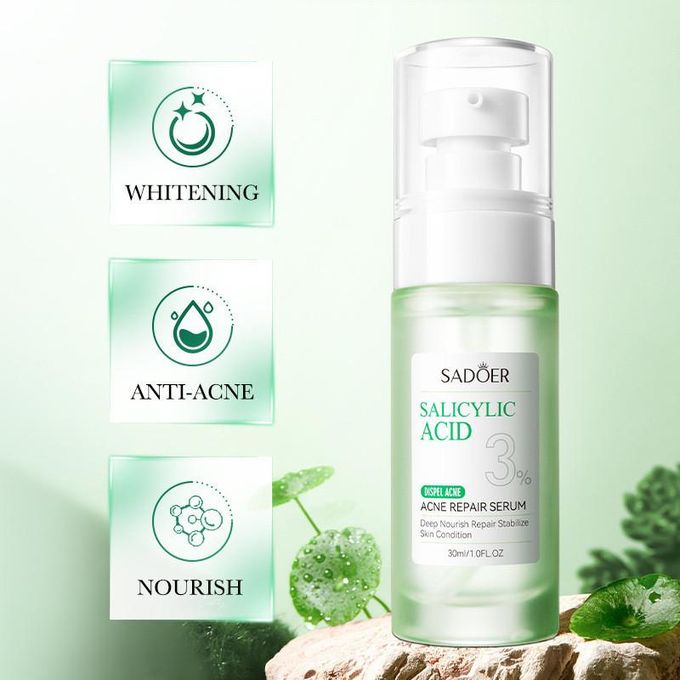 Sadoer 4 in 1 Set of Salicylic Acid 3% Acne Dispel Acne Repair Cream + Acne Repair Serum + Dispel Acne Amino Acid Gentle Cleanser + Anti Light Aging Sunscreen SPF 50 , Like Vitamin C, Moisturize skin