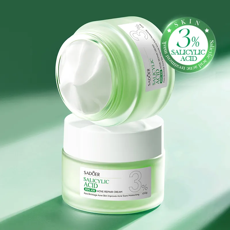 Sadoer 4 in 1 Set of Salicylic Acid 3% Acne Dispel Acne Repair Cream + Acne Repair Serum + Dispel Acne Amino Acid Gentle Cleanser + Anti Light Aging Sunscreen SPF 50 , Like Vitamin C, Moisturize skin