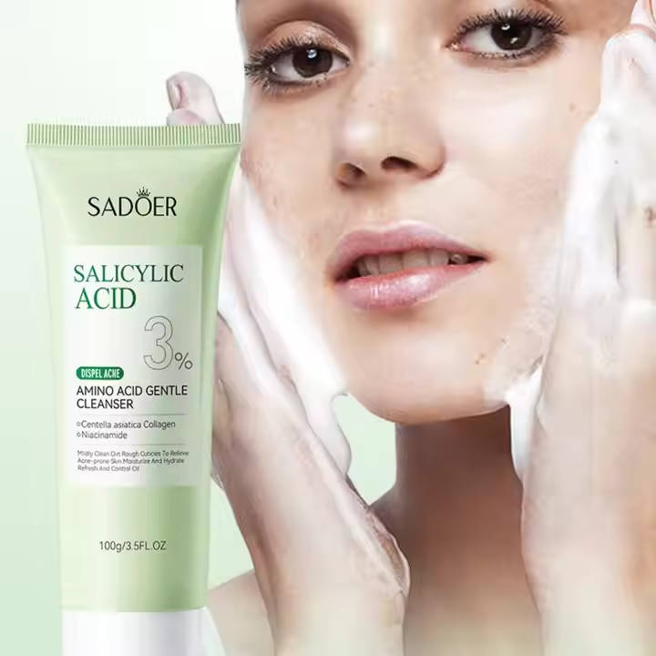Sadoer 4 in 1 Set of Salicylic Acid 3% Acne Dispel Acne Repair Cream + Acne Repair Serum + Dispel Acne Amino Acid Gentle Cleanser + Anti Light Aging Sunscreen SPF 50 , Like Vitamin C, Moisturize skin