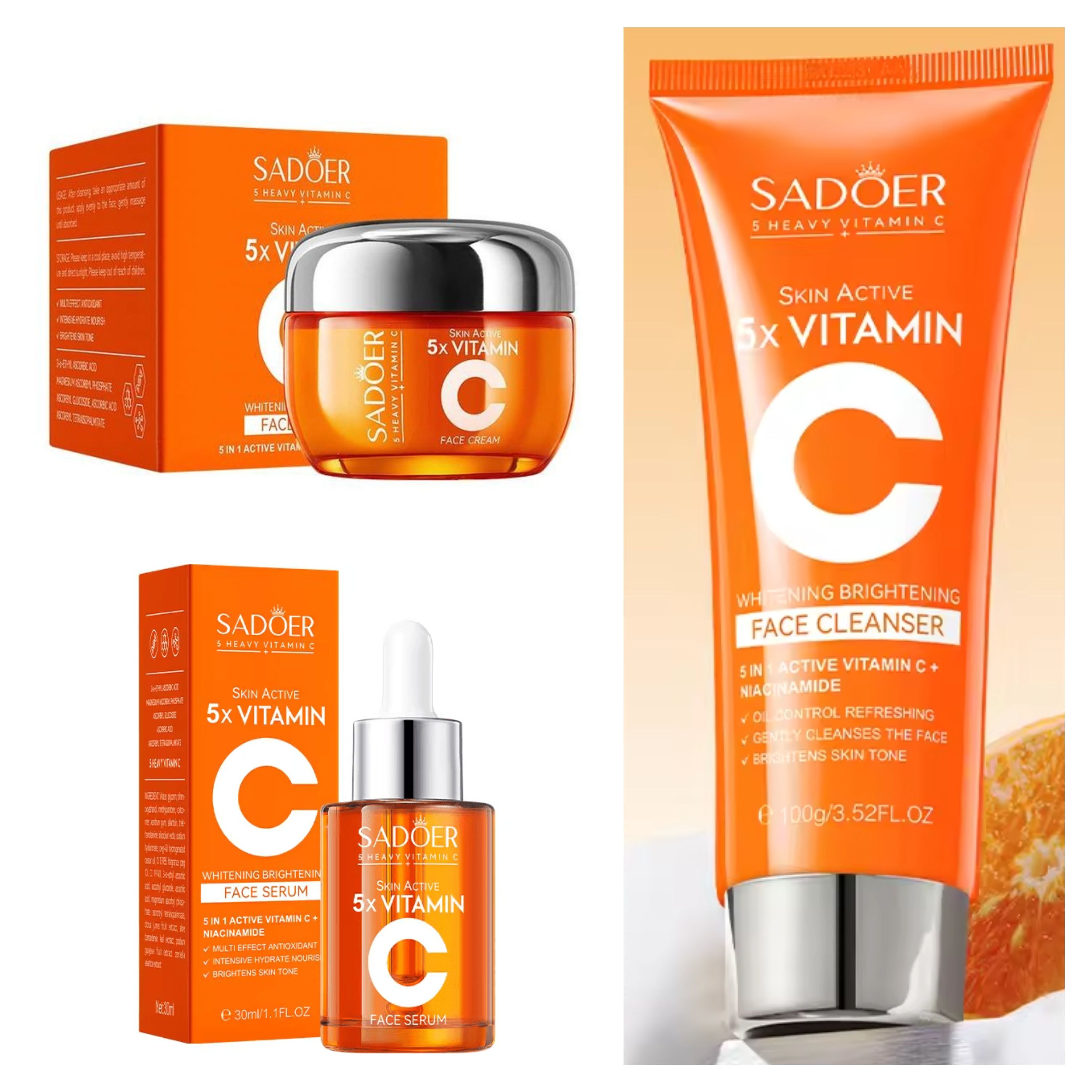 Sadoer 3 in 1 Skin Active 5 X Vitamin C  Cleanser  +  Vitamin C Serum for Deep Hydration and Skin Water Locking, Brightening the Skin Tone, Nourish The Skin, Whiten Spot