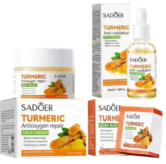 [Anniversary sale] 3 In 1 Set Sadoer Turmeric Soap Bar + Serum + Cream Skin Care for Shower, Smoothing and Cleanses Skin Face Wash Soap Face Serum, Face Wash Oily Skin Bar Soap for Face and Body