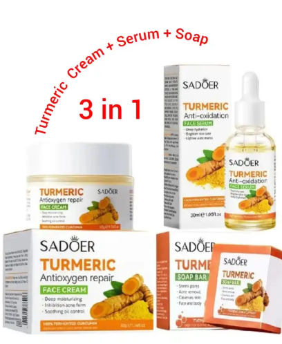 [Anniversary sale] 3 In 1 Set Sadoer Turmeric Soap Bar + Serum + Cream Skin Care for Shower, Smoothing and Cleanses Skin Face Wash Soap Face Serum, Face Wash Oily Skin Bar Soap for Face and Body
