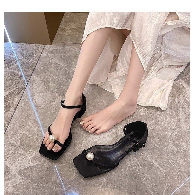 2025 Summer New Women's High - heel Sandals with Chunky Heels, Pearl - Embellished One - strap, Black, Square - toed, Low - heeled and Suitable for Out - wearing, Exuding Elegance