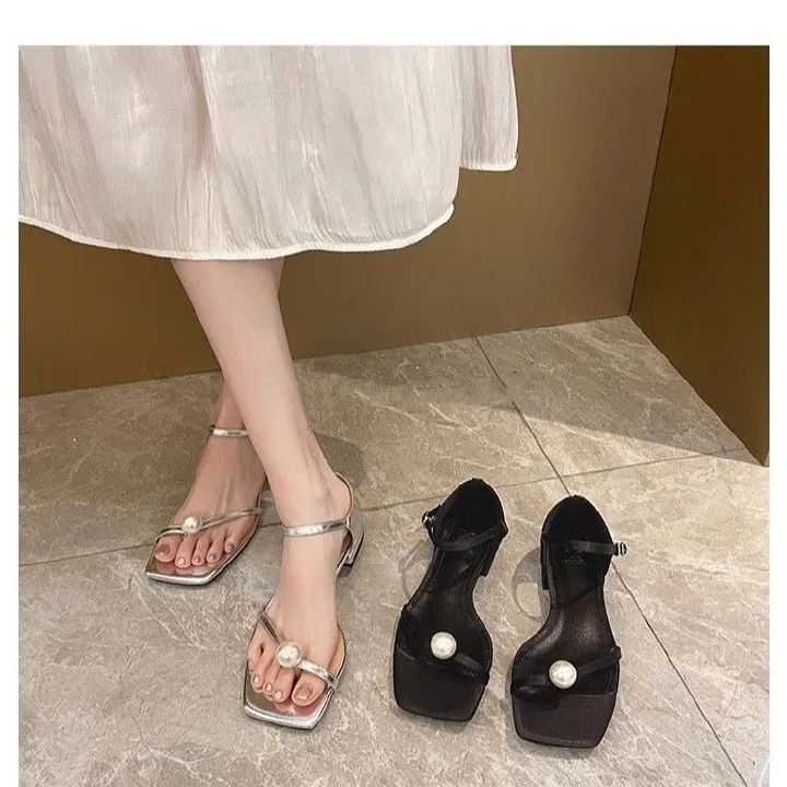 2025 Summer New Women's High - heel Sandals with Chunky Heels, Pearl - Embellished One - strap, Black, Square - toed, Low - heeled and Suitable for Out - wearing, Exuding Elegance