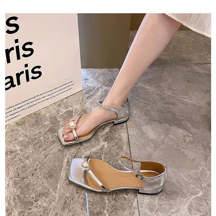 2025 Summer New Women's High - heel Sandals with Chunky Heels, Pearl - Embellished One - strap, Black, Square - toed, Low - heeled and Suitable for Out - wearing, Exuding Elegance