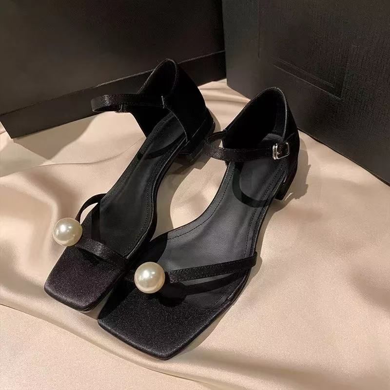 2025 Summer New Women's High - heel Sandals with Chunky Heels, Pearl - Embellished One - strap, Black, Square - toed, Low - heeled and Suitable for Out - wearing, Exuding Elegance