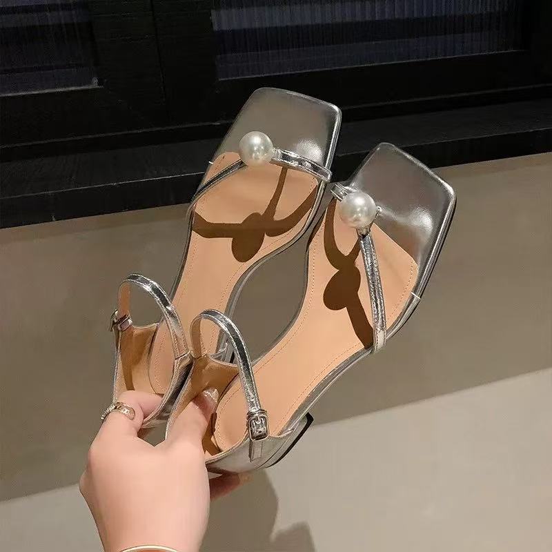 2025 Summer New Women's High - heel Sandals with Chunky Heels, Pearl - Embellished One - strap, Black, Square - toed, Low - heeled and Suitable for Out - wearing, Exuding Elegance