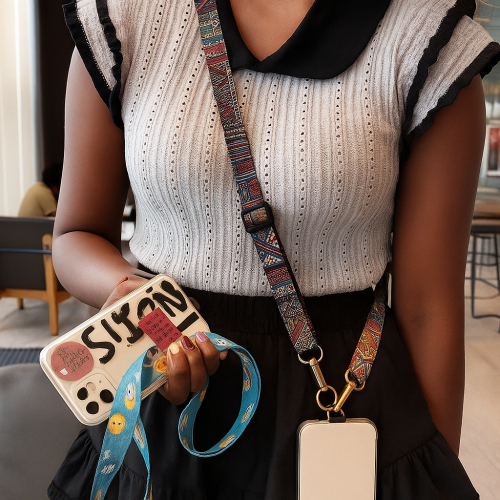Adjustable Crossbody Phone Lanyard Strap – Vintage Tribal Pattern, Hands-Free Universal Neck & Shoulder Strap with Keychain Holder