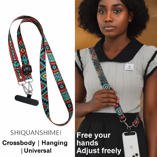 Adjustable Crossbody Phone Lanyard Strap – Vintage Tribal Pattern, Hands-Free Universal Neck & Shoulder Strap with Keychain Holder