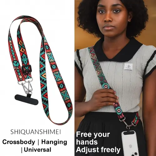 Adjustable Crossbody Phone Lanyard Strap – Vintage Tribal Pattern, Hands-Free Universal Neck & Shoulder Strap with Keychain Holder
