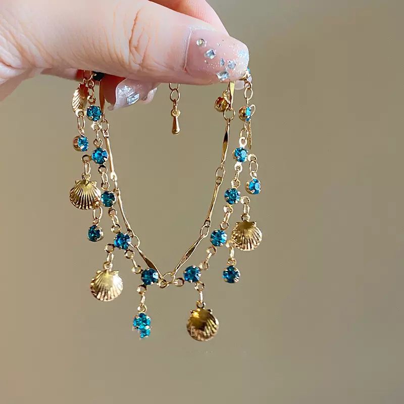 Jewellery Bohemian Ocean Shell Layered Necklace with Blue Crystals – Urembo wa Bahari Jewelry, Gold-Toned Statement Piece for Beach & Party, Unique Gift for Fashion Enthusiasts shell bracelet ocean