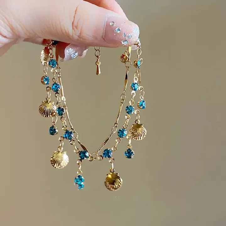 Jewellery Bohemian Ocean Shell Layered Necklace with Blue Crystals – Urembo wa Bahari Jewelry, Gold-Toned Statement Piece for Beach & Party, Unique Gift for Fashion Enthusiasts shell bracelet ocean