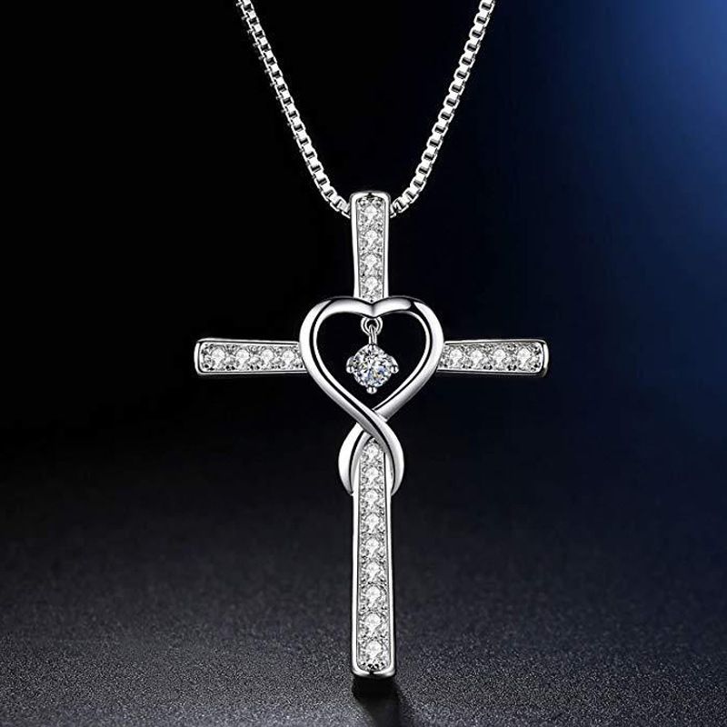 Limited Time Deal Sparkling Infinity Cross & Heart Pendant Necklace – Silver Tone Diamond Accent Religious Jewelry | Romantic Gift for Her | Shanga ya Msalaba na Moyo Elegant Cross Necklace with Heart