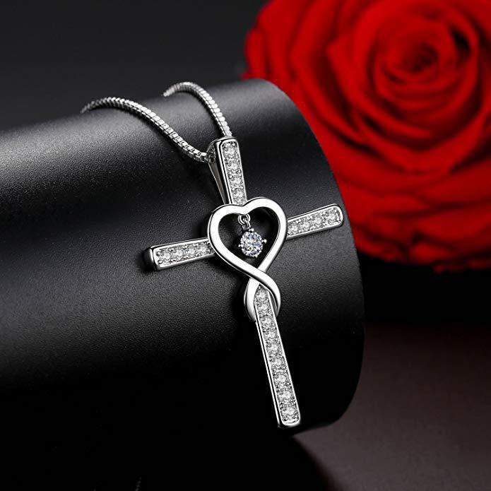 Limited Time Deal Sparkling Infinity Cross & Heart Pendant Necklace – Silver Tone Diamond Accent Religious Jewelry | Romantic Gift for Her | Shanga ya Msalaba na Moyo Elegant Cross Necklace with Heart