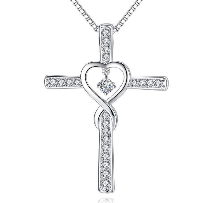 Limited Time Deal Sparkling Infinity Cross & Heart Pendant Necklace – Silver Tone Diamond Accent Religious Jewelry | Romantic Gift for Her | Shanga ya Msalaba na Moyo Elegant Cross Necklace with Heart