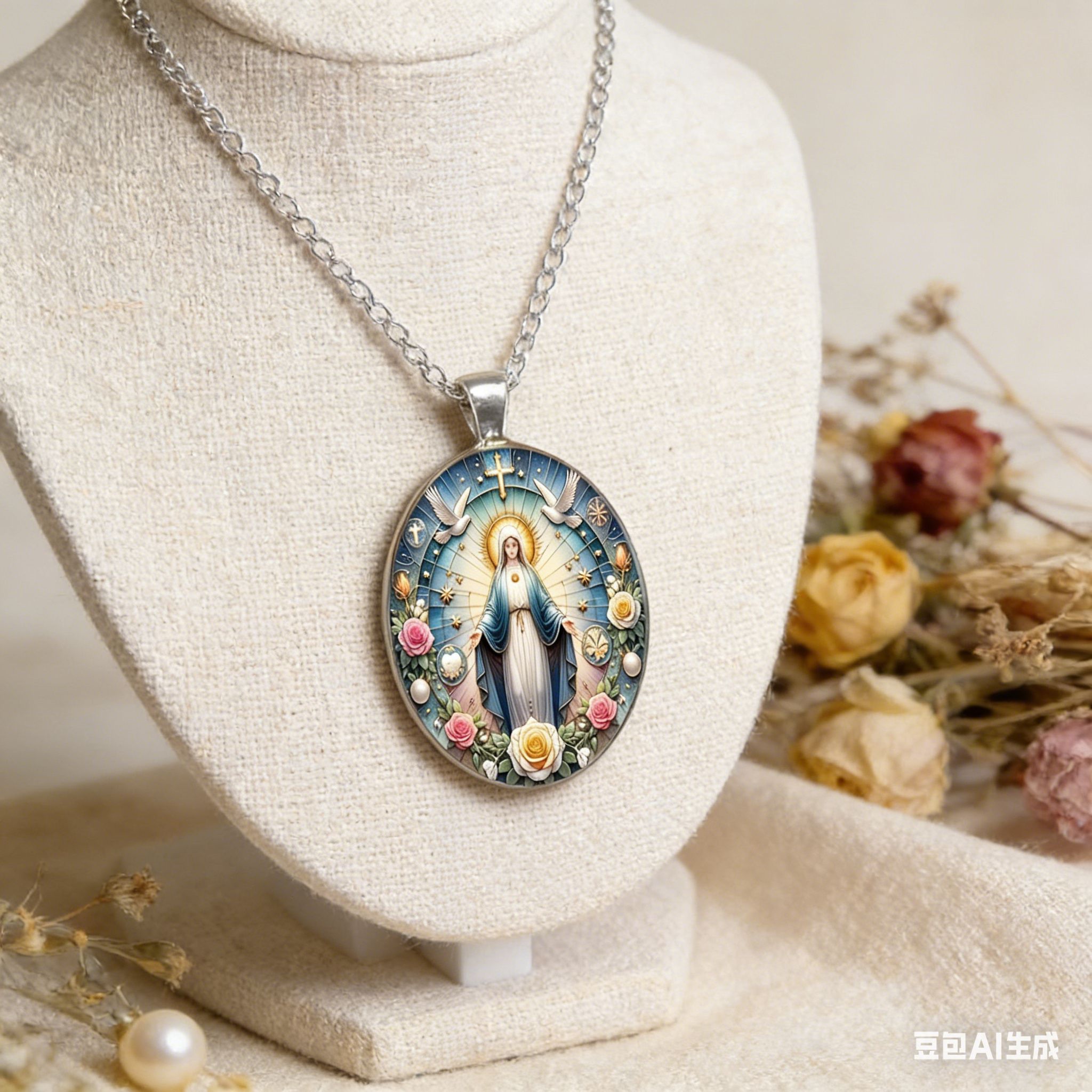 Vibrant Our Lady Mary Pendant Necklace (Floral Accents) – Festive Wear, Top Gift for Couples & Lovers | Vifaa vya kofia vya mapenzi (Love Jewelry) Meaningful Religious Accessory